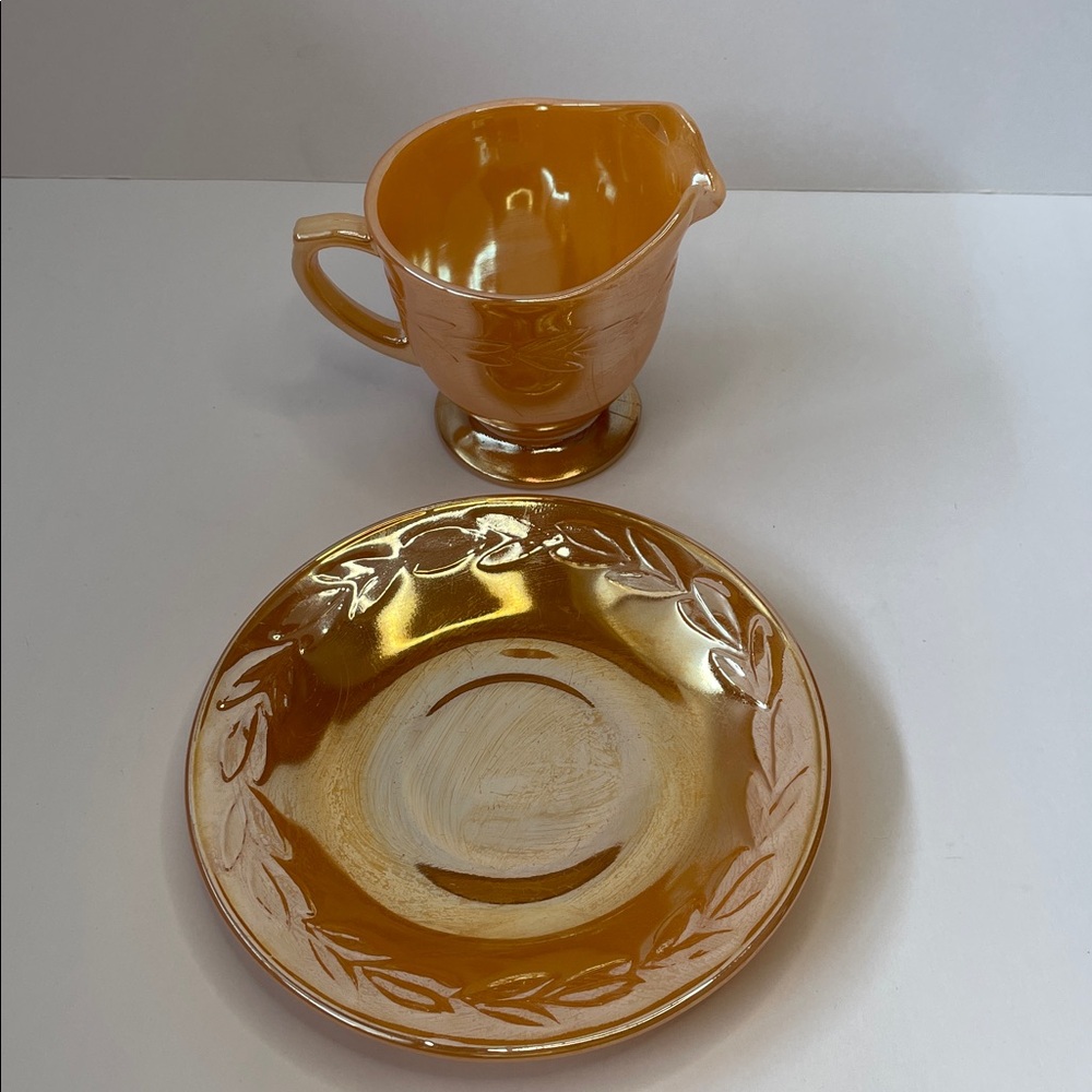 Vintage Fire King Iridescent Amber Creamer & Saucer Set - Picture 2 of 7